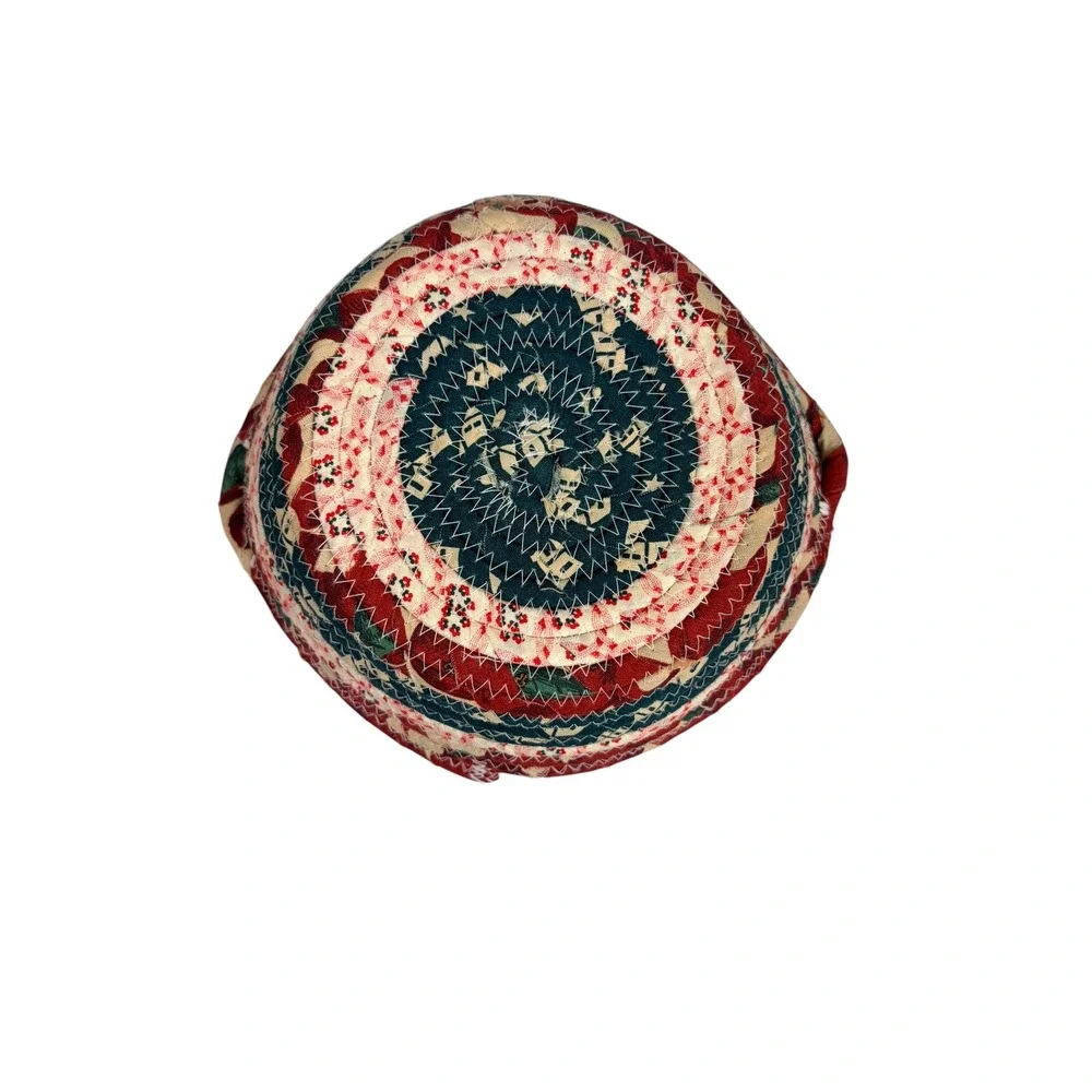 Handmade‎ Coiled Fabric Basket Vintage Americana Red White Blue Folk Art 8 inch